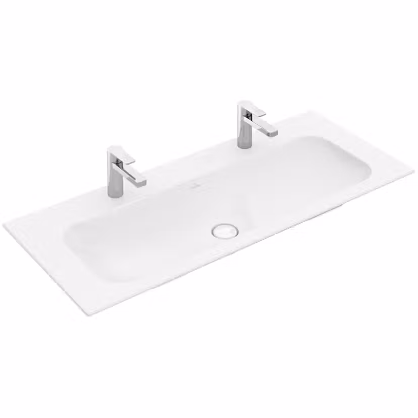 Möbeltvättställ Villeroy & Boch Finion Vit Alpin CeramicPlus, Utan Bräddavlopp, 1200 mm, för Två Enhålsblandare, Med Bottenventil- 4164C1R1