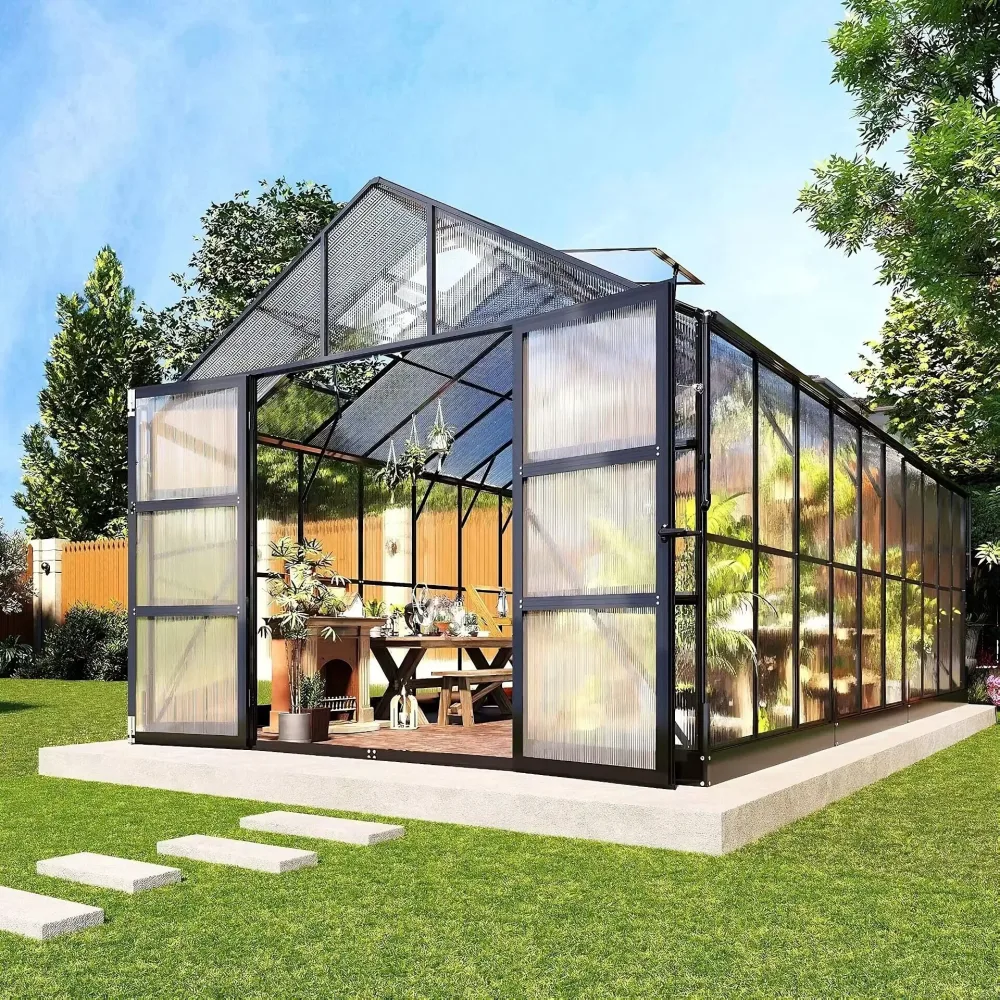 Växthus 18m² Premium | Extra hög odlingshöjd | 6mm kanalplast | Svart
