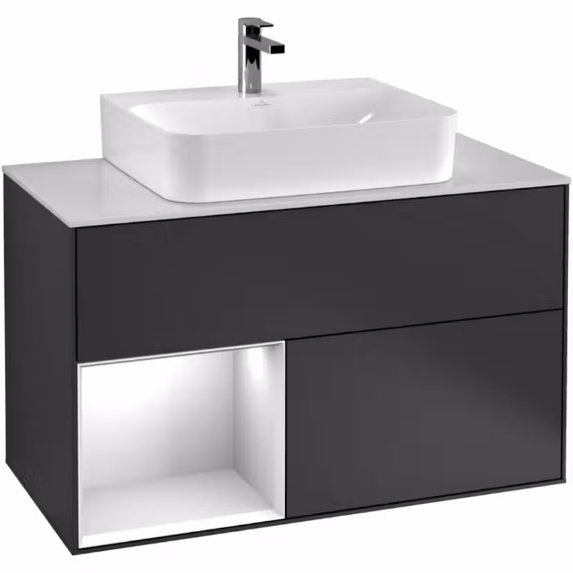 Tvättställsskåp Villeroy & Boch Finion med 2 Lådor Hylla och Bänkskiva för Centrerat Tvättställ Antracitgrå Mattlack/Vit Högblank med bänkskiva i Mattvitt glas, Lucka Vänster- F111GFGK
